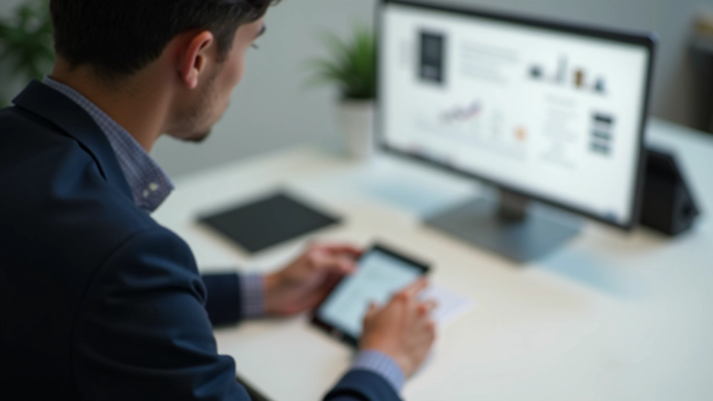 Designer reviewing minimalist website mockup with clean layout and whitespace on tablet screen