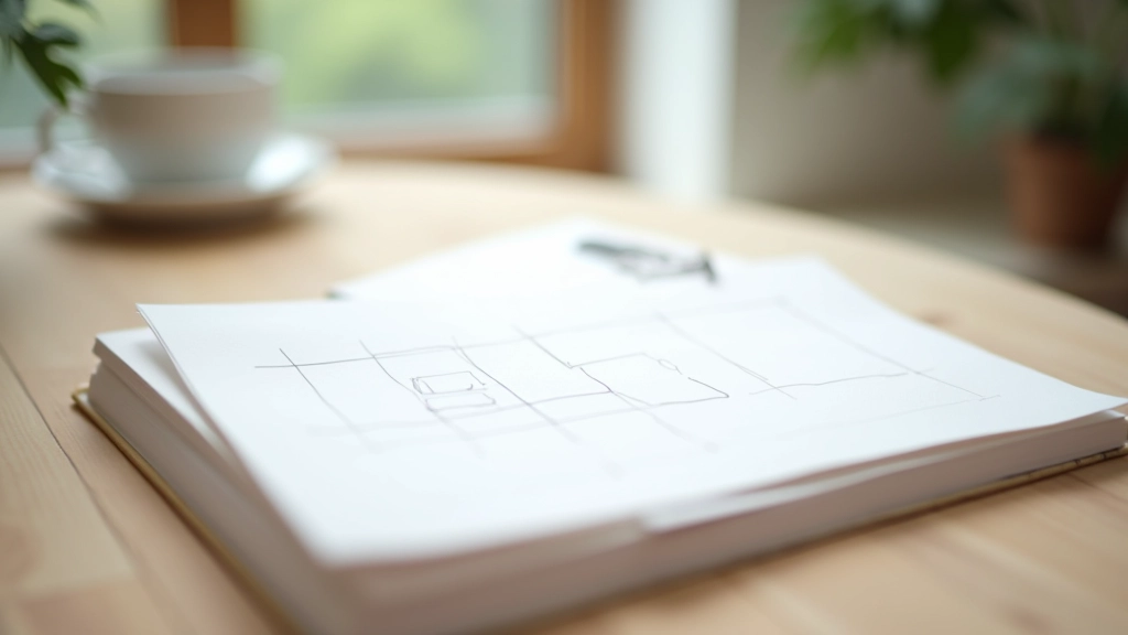 Clean minimalist workspace with notebook showing grid layout sketches and design principles