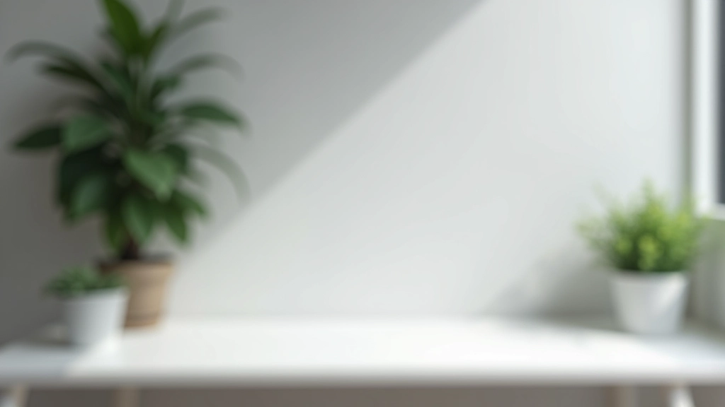 Minimalist workspace with neutral color palette, single green plant accent, clean white desk