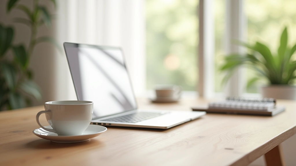 Minimalist workspace with clean desk and laptop displaying simple web interface